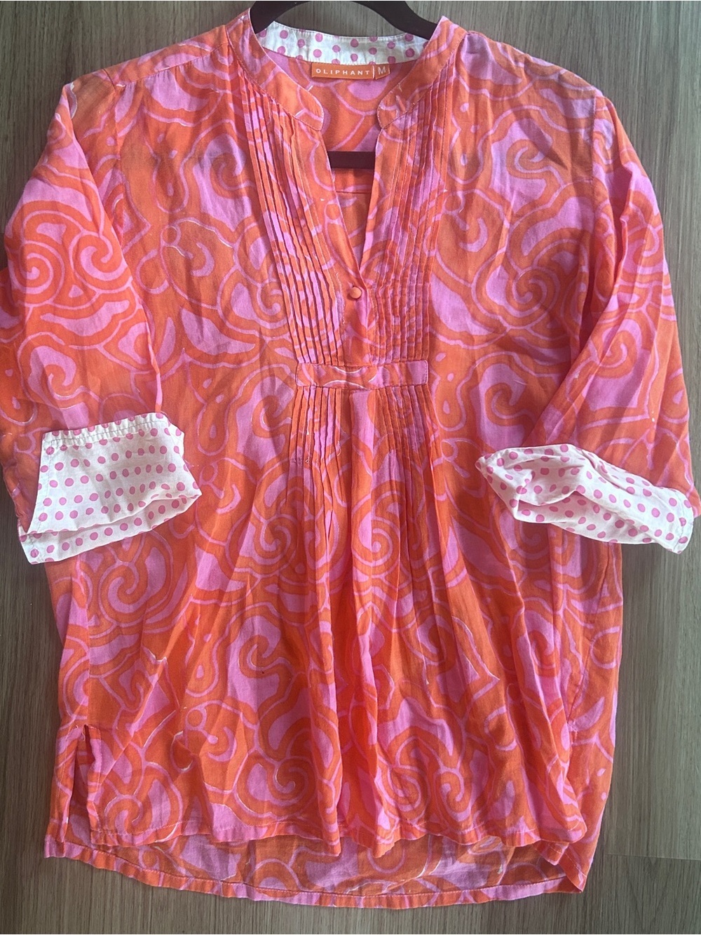 Oliphant Pink & Orange Block Print Cotton Pintuck Tunic Blouse - Size Medium